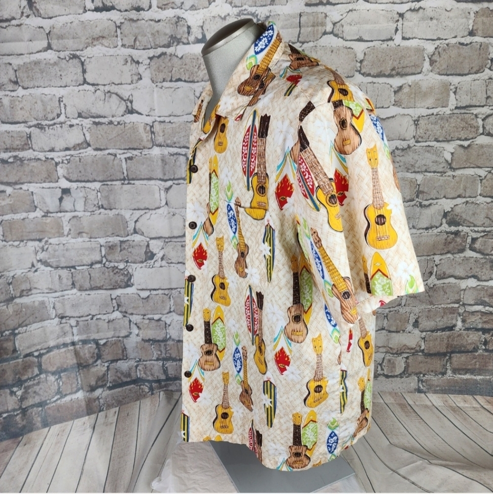 Vintage Hawaiian Camp Shirt Button Front Ukulele Surfboard Cream Size XXL - Picture 11 of 12